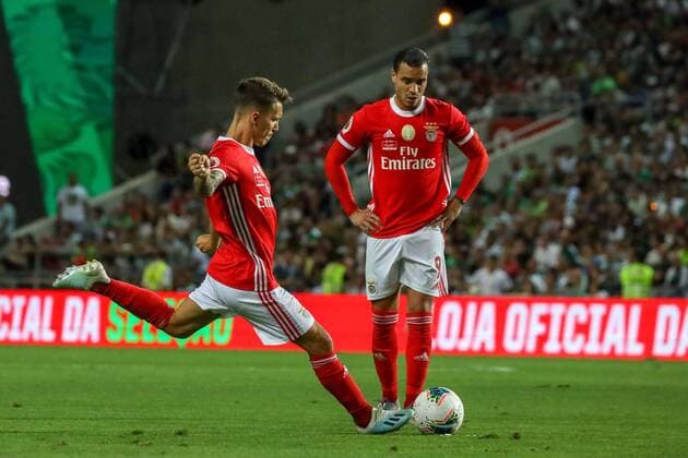 Faro, Portugal - Alejandro Grimaldo (S.L.Benfica) and Raul de Tomas (S.L.Benfica) during the Portugal s Candido de Oliveira Super Cup final football match between Lisboa Benfica and Sporting Clube Portugal at the Algarve stadium in Faro on August 4, 2019 (Photo by Joaquim Ferreira Foto-Kiko) Copyright: JoaquimxFerreira