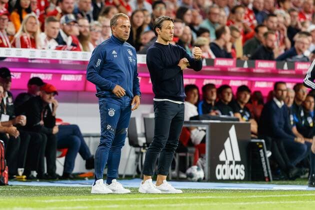 Muenchen, Deutschland, 16.08.2019, 1. Bundesliga 1. Spieltag, FC Bayern Muenchen - Hertha BSC, Co-Trainer Hansi Flick (FCB), Trainer Niko Kovac (FCB) schauen ( Munich Allianz Arena Bavaria Germany eu-images-01048-192501