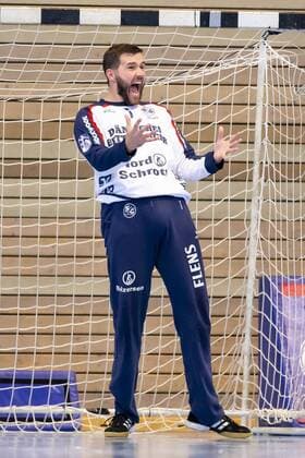 SG-Torhueter Benjamin Buric (Nr. 1, SG Flensburg-Handewitt) freut sich jubelt. Mecklenburger Stiere vs. SG Flensburg-Handewitt, Handball, DHB Pokal, 17.08.19 Luebeck Schleswig-Holstein Germany Copyright: xAgentur54Gradx xFelixxKoenigx