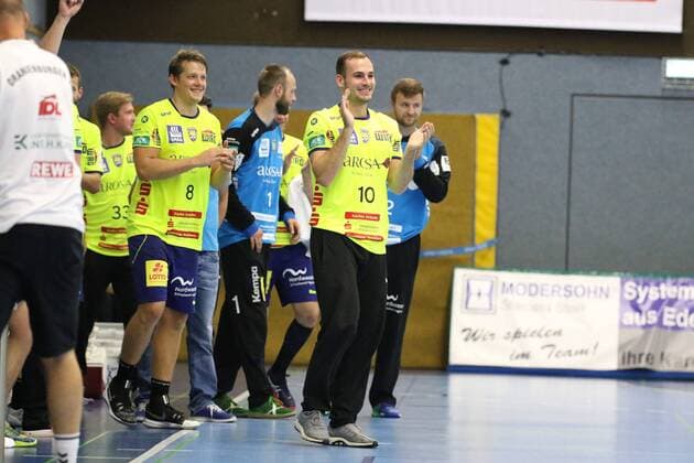 Siegesjubel bei v.l. Jonas Ottsen (HC Empor Rostock 8), Stefan Wilhelm (HC Empor Rostock 10) GER, Handball, DHB Pokal, 1. Runde, Halbfinale 1, HC Empor Rostock gegen Oranienburger HC, 17.08.2019 Minden Copyright: xEIBNER JanxStrohdiekx EP_JSK