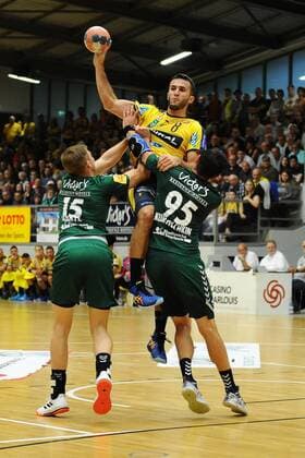 Romain Lagarde, Rhein Neckar Loewen- 8, steigt hoch zum Wurf beim Spiel Rhein Neckar Loewen vs HG Saarlouis, DHB Pokal, 1. Runde, erstes Halbfinale im Final Four Turnier in der Stadtgartenhalle Saarlouis, 17.08.19 Rhein Neckar Loewen vs HG Saarlouis , 17.08.19, DHB Pokal, Saarlouis Copyright: xEIBNER PeterxFranzx EP_PFZ