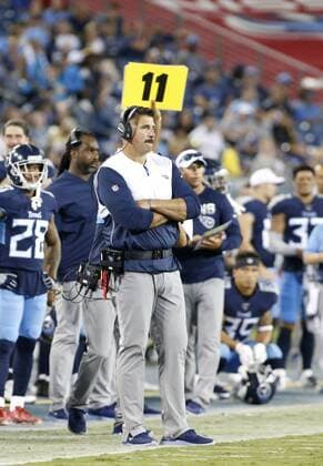 NASHVILLE, TN - AUGUST 17: Tennessee Titans head coach Mike Vrabel during a preseason game between the Tennessee Titans and New England Patriots on August 17, 2019, at Nissan Stadium in Nashville, Tennessee. (Photo by Matthew Maxey Icon Sportswire) NFL, American Football Herren, USA AUG 17 Preseason - Patriots at Titans Icon1908217023