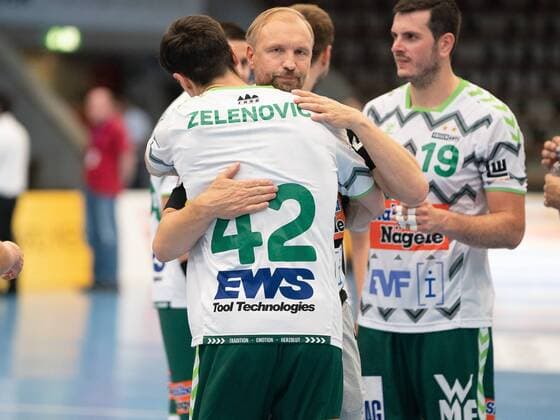Hartmut Mayerhofer (Frisch Auf Goeppingen) mit 42 Nemanja Zelenovic (Frisch Auf Goeppingen), Frisch Auf Goeppingen vs. TSV Bayer Dormagen, DHB Pokal, Handball, Herren, 18.08.2019 Frisch Auf Goeppingen vs. TSV Bayer Dormagen, DHB Pokal, Handball, Herren, 18.08.2019 Goeppingen Copyright: xEIBNER Michael_Schmidtx EP_MST