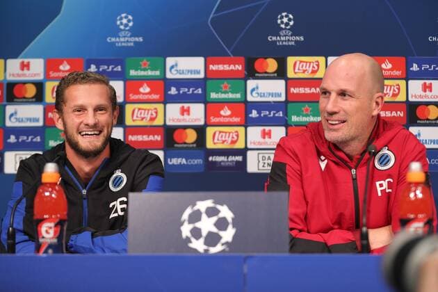 Club s Mats Rits and Club Brugge s head coach Philippe Clement pictured during a press conference, PK, Pressekonferenz of Belgian soccer team Club Brugge KV in Linz, Austria, Monday 19 August 2019. Tomorrow s Club is playing Austrian team LASK Linz in the first leg of the play-offs for the UEFA Champions League. BRUNOxFAHY  x05645893x