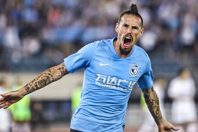Bilder des Jahres 2019, Sport 08 August Sport Bilder des Tages Slovak football player Marek Hamsik of Dalian Yifang celebrates after scoring against Shanghai Greenland Shenhua in the semifinal match during the 2019 Chinese Football Association (CFA) Super Cup in Dalian city, northeast China s Liaoning province, 19 August 2019. Shanghai Greenland Shenhua defeated Dalian Yifang 3-2. Shanghai Greenland Shenhua beats Dalian Yifang to enter final match of 2019 CFA Super Cup  735862927379791915