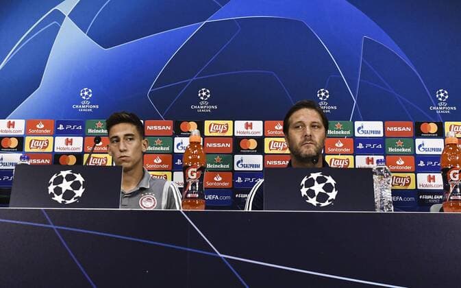 August 20, 2019, Athens, Greece, Greece: Olympiakos s coach Pedro Martins and player Kostas Tsimikas attend a press conference, PK, Pressekonferenz at Karaiskaki stadium in Piraeus, Olympiakos will face Krasnodar in the UEFA Champions League Play-offs first leg match on 21 August 2019. Olympiakos press conference in Athens, Greece - 20 Aug 2019 - ZUMAs197 20190820_zaa_s197_019 Copyright: xDimitrisxLampropoulosx