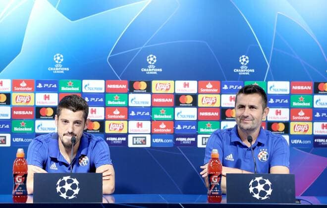 PXL_GNK Dinamo press conference, PK, Pressekonferenz 20.08.2019., Zagreb, Croatia - Arijan Ademi of GNK Dinamo and GNK Dinamo s coach Nenad Bjelica held a press conference ahead of UEFA Champions League play off, 1st leg against Rosenborg BK.  SanjinxStrukic PIXSELL