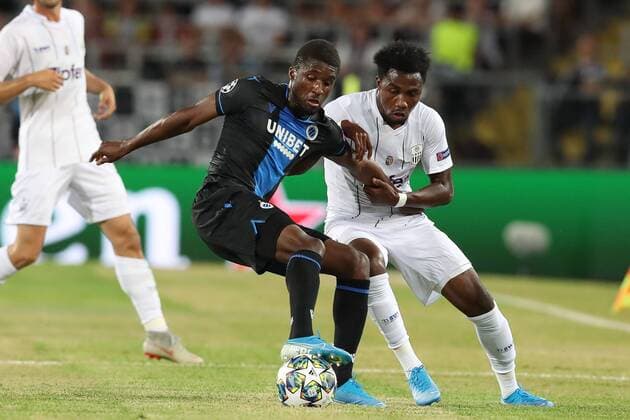 Club s Clinton Mata and LASK s Dominik Frieser fight for the ball during the match of Belgian soccer team Club Brugge KV against Austrian team LASK Linz in the first leg of the play-offs for the UEFA Champions League, in Linz, Austria, Tuesday 20 August 2019. BRUNOxFAHY  x05646274x