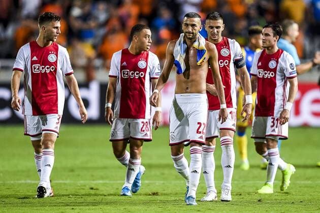 NICOSIA , 20-08-2019 , GSP Stadium , Champions League playoff, season 2019-2020 , Ajax player Joel Veltman, Ajax player Hakim Ziyech, Ajax player Nicolas Tagliafico, Ajax player Sergino Dest disappointment during the match APOEL Nicosia - Ajax APOEL Nicosia - Ajax  x4149979x Copyright: