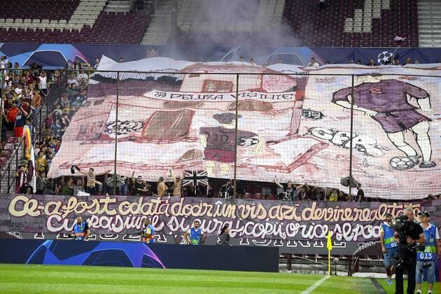 CLUJ-NAPOCA: CFR CLUJ - SK Slavia Praha, UEFA Champions League Fans of CFR Cluj in action during the UEFA Champions League, Play-Offs match between CFR Cluj and SK Slavia Praha 20 08 2019, Cluj-Napoca, ROMANIA Credit: ALEX NICODIM IMAGO Copyright: xALEXxNICODIMx
