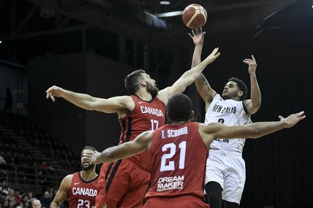 2st August 2019; Quay Centre, Sydney, Australia; International Basketball, Canada versus New Zealand Tall Blacks; Tai Webster of New Zealand shoots as Owen Klassen of Canada attempts to block the shot - Editorial Use Only.  ActionPlus12161608 NigelxOwen