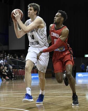 2st August 2019; Quay Centre, Sydney, Australia; International Basketball, Canada versus New Zealand Tall Blacks; Rob Loe of New Zealand prepares to pass under pressure from Oshae Brissett of Canada - Editorial Use Only.  ActionPlus12161611 NigelxOwen