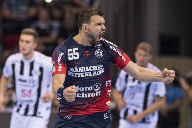Jubel bei Michal Jurecki (SG Flensburg-Handewitt) am 21.08.2019 beim Pixum Super Cup in Düsseldorf (Nordrhein-Westfalen) im ISS Dome . SG Flensburg-Handewitt gegen THW Kiel Düsseldorf Nordrhein-Westfalen Deutschland