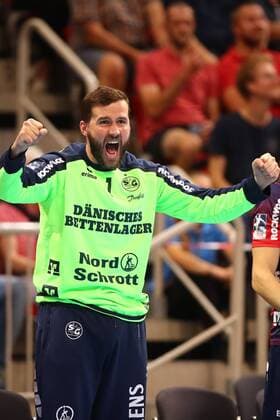 Benjamin Buric (Flensburg) ballt die Faeuste THW Kiel vs SG Flensburg-Handewitt, Handball, Pixum Super Cup, 21.08.2019 THW Kiel vs SG Flensburg-Handewitt, Handball, Pixum Super Cup, 21.08.2019 Duesseldorf Copyright: xEIBNER RenexWeissx EP_RWS