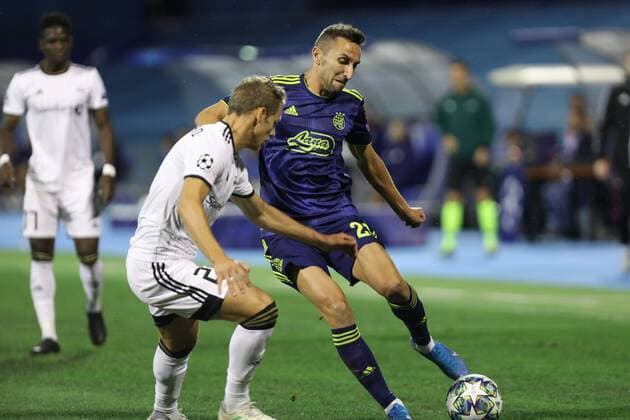 Zagreb, 21 08 2019 - Stadion Maksimir, Play-offs, 1st leg. GNK Dinamo (blue) - Rosenborg BK (white) Marin Leovac (22) vs Vegar Hedenstad (2) 