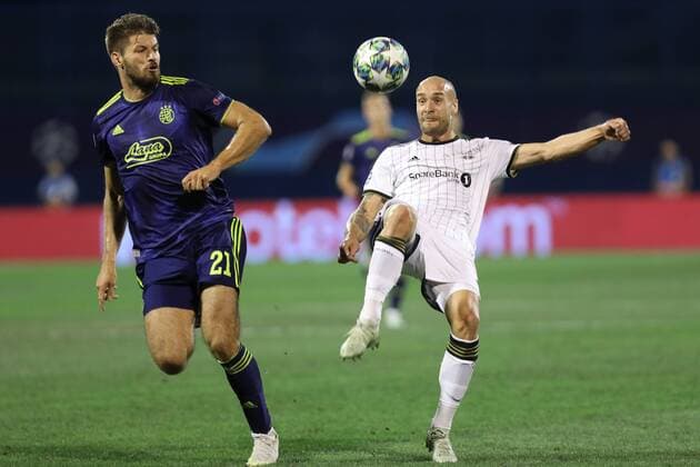 Zagreb, 21 08 2019 - Stadion Maksimir, Play-offs, 1st leg. GNK Dinamo (blue) - Rosenborg BK (white) Bruno Petkovic (21) vs Tore Reginiussen (4) 