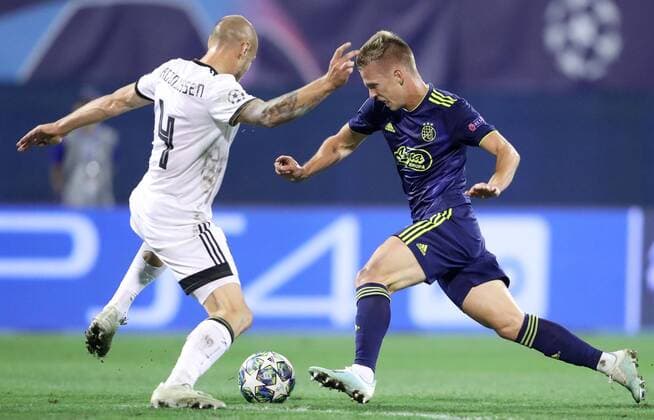 PXL_UEFA Champions League Play-offs, GNK Dinamo vs Rosenborg BK 21.08.2019., Zagreb, Croatia - UEFA Champions League Play-offs, 1st leg between GNK Dinamo and Rosenborg BK at Maksimir Stadium in Zagreb, Croatia. Tore Reginiussen, Dani Olmo.  SanjinxStrukic PIXSELL