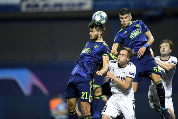 PXL_UEFA Champions League Play-offs, GNK Dinamo vs Rosenborg BK 21.08.2019., Zagreb, Croatia - UEFA Champions League Play-offs, 1st leg between GNK Dinamo and Rosenborg BK at Maksimir Stadium in Zagreb, Croatia. Bruno Petkovic, Anders Konradsen, Dino Peric.  JosipxRegovic PIXSELL
