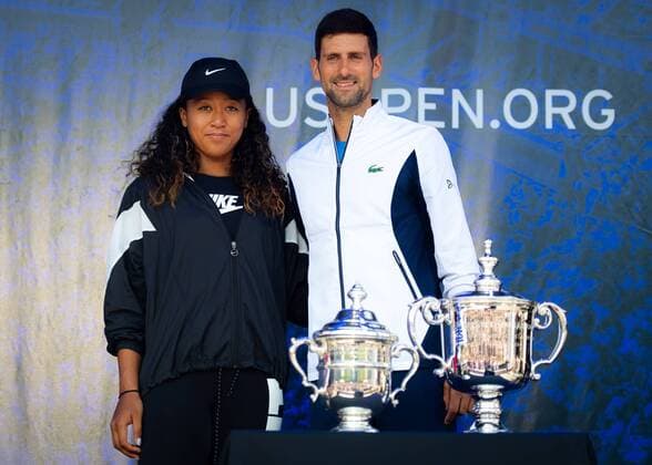 Bilder des Jahres 2019, Sport 08 August Sport Bilder des Tages August 22, 2019, New York, NEW YORK, USA: Naomi Osaka of Japan & Novak Djokovic of Serbia during the draw ceremony at the 2019 US Open Grand Slam tennis tournament US Open 2019, Tennis, New York City, United States, Aug 22 - ZUMAa181 20190822_zaa_a181_055 Copyright: xAFP7x