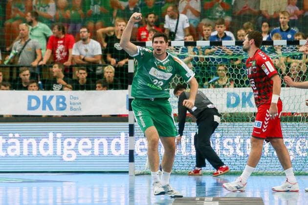 DHfK - Fuechse Berlin Handball Leipzig, 25.08.2019, Arena Leipzig, Handball, 1. Bundesliga, 1. Spieltag , SC DHfK - Füchse Berlin 24:23 (10:14) , Im Bild: Marko Mamic (22, Leipzig) jubelt ,