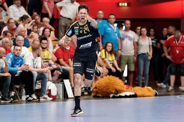 Patrick Groetzki (RNL, 24), jubelt über ein Tor, Jubel, Torjubel, Torerfolg, celebrate the goal, goal, celebration, Jubel ueber das Tor, optimistisch, Spielszene, Highlight, Einzelbild, Action, Aktion, 25.08.2019, Ludwigshafen am Rhein, Handball, Bundesliga, TSG Ludwigshafen-Friesenheim (Die Eulen) - Rhein-Neckar Löwen