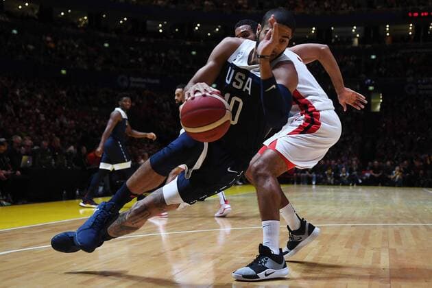 BASKETBALL CANADA USA, Jayson Tatum of the USA with the ball during the Pre-FIBA World Cup series match between Canada and the USA at Qudos Bank Arena in Sydney, Monday, August 26, 2019. ( NO ARCHIVING, EDITORIAL USE ONLY, NO USE IN BOOKS WITHOUT CONSENT SYDNEY NSW AUSTRALIA  Copyright: xDEANxLEWINSx 20190826001415007200