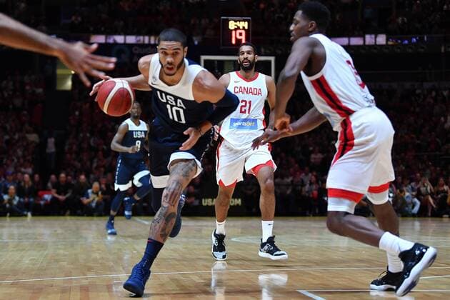 BASKETBALL CANADA USA, Jayson Tatum of the USA runs with the ball during the Pre-FIBA World Cup series match between Canada and the USA at Qudos Bank Arena in Sydney, Monday, August 26, 2019. ( NO ARCHIVING, EDITORIAL USE ONLY, NO USE IN BOOKS WITHOUT CONSENT SYDNEY NSW AUSTRALIA  Copyright: xDEANxLEWINSx 20190826001415008160