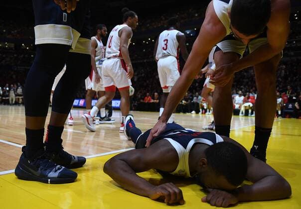 BASKETBALL CANADA USA, Kemba Walker of the USA on the ground during the Pre-FIBA World Cup series match between Canada and the USA at Qudos Bank Arena in Sydney, Monday, August 26, 2019. ( NO ARCHIVING, EDITORIAL USE ONLY, NO USE IN BOOKS WITHOUT CONSENT SYDNEY NSW AUSTRALIA  Copyright: xDEANxLEWINSx 20190826001415008788