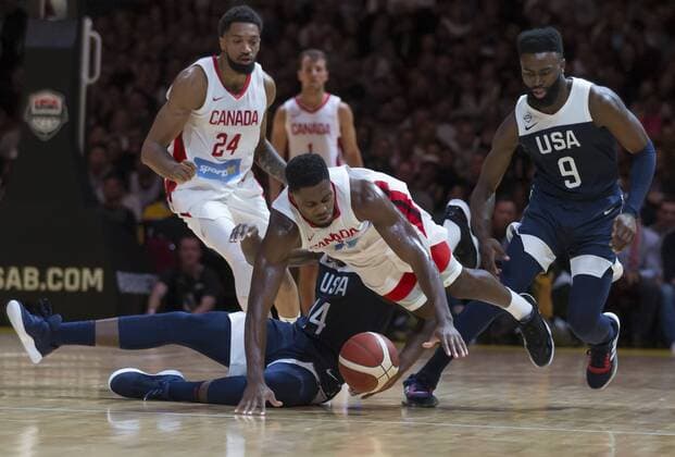 BASKETBALL CANADA USA, Khris Middleton of the USA and Melvin Ejim of Canada collide during the Pre-FIBA World Cup series match between Canada and the USA at Qudos Bank Arena in Sydney, Monday, August 26, 2019. ( NO ARCHIVING, EDITORIAL USE ONLY, NO USE IN BOOKS WITHOUT CONSENT SYDNEY NSW AUSTRALIA  Copyright: xCRAIGxGOLDINGx 20190826001415010017