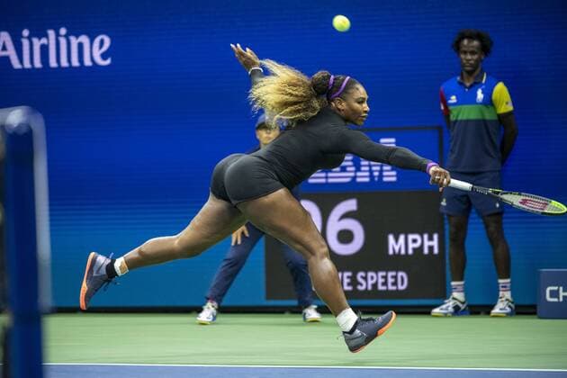Serena Williams hits a backhand to Maria Sharapova in their first round match in Arthur Ashe Stadium at the 2019 US Open Tennis Championships at the USTA Billie Jean King National Tennis Center on Monday, August 26, 2019 in New York City.  NYP20190826910 COREYxSIPKIN