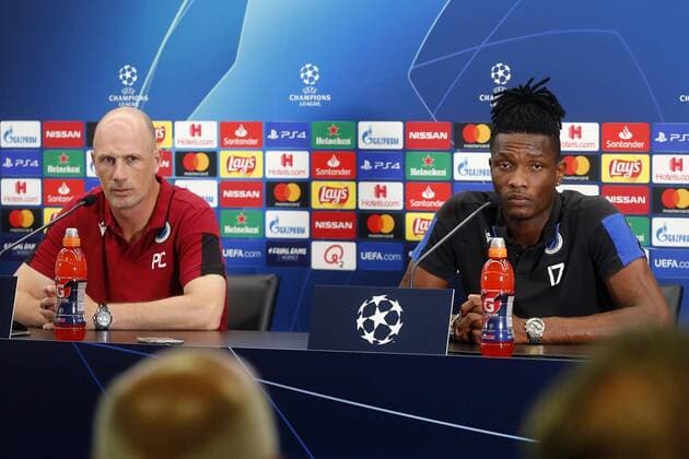 WESTKAPELLE, BELGIUM - AUGUST 27 : Philippe Clement head coach of Club Brugge and Simon Deli defender of Club Brugge pictured during a press conference, PK, Pressekonferenz prior the UEFA Champions League play-offs 2nd leg match between Club Brugge and Linz ASK on August 27, 2019 in Westkapelle, Belgium, 27 08 2019 FOOTBALL : Conference de presse Club Bruges - Champions League - 27 08 2019 PhotoNews Panoramic 