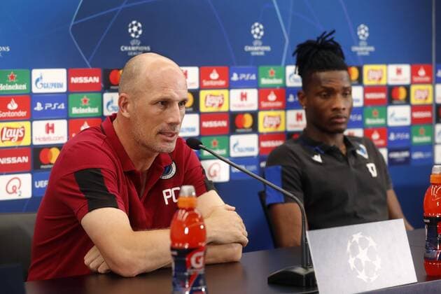 WESTKAPELLE, BELGIUM - AUGUST 27 : Philippe Clement head coach of Club Brugge and Simon Deli defender of Club Brugge pictured during a press conference, PK, Pressekonferenz prior the UEFA Champions League play-offs 2nd leg match between Club Brugge and Linz ASK on August 27, 2019 in Westkapelle, Belgium, 27 08 2019 FOOTBALL : Conference de presse Club Bruges - Champions League - 27 08 2019 PhotoNews Panoramic 
