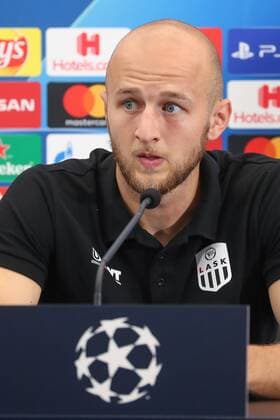 LASK s Gernot Trauner pictured during a press conference, PK, Pressekonferenz of Austrian soccer club LASK Linz, Tuesday 27 August 2019 in Brugge, in preparation of tomorrow s return match against Belgian team Club Brugge KV in the play-offs of the UEFA Champions League. BRUNOxFAHY  x05650201x
