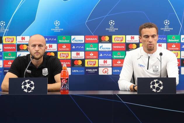 LASK s Gernot Trauner and LASK s head coach Valerien Ismael pictured during a press conference, PK, Pressekonferenz of Austrian soccer club LASK Linz, Tuesday 27 August 2019 in Brugge, in preparation of tomorrow s return match against Belgian team Club Brugge KV in the play-offs of the UEFA Champions League. BRUNOxFAHY  x05650203x