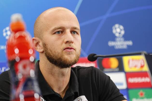 SOCCER - CL play off, Bruegge vs LASK BRUGES,BELGIUM,27.AUG.19 - SOCCER - UEFA Champions League, play off, FC Bruegge vs LASK, preview, press conference, PK, Pressekonferenz LASK. Image shows Gernot Trauner (LASK). GEPAxpictures xJasminxWalter