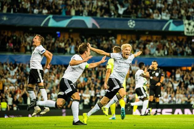 190828 Mike Lindemann Jensen and Birger Solberg Meling of Rosenborg celebrates after the 1-0 goal during the Champions League play-off match between Rosenborg and Dinamo Zagreb on August 28, 2019 in Trondheim. Photo: Marius Simensen BILDBYRAN Cop 238 bbeng champions league play-off dinamo zagreb football fotball fotboll rosenborg Copyright: MARIUSxSIMENSEN BB190828BB019