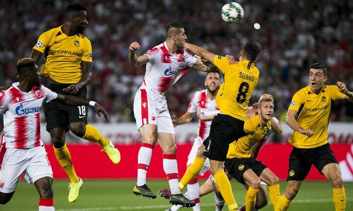 27th August 2019, Rajko Mitic Stadium, Belrgrade, Serbia; UEFA Champions league football, qualifying, Red Star Belgrade versus Young Boys; Players compete in the penalty area - Strictly Editorial Use Only. No use with unauthorized audio, video, data, fixture lists, club league logos or live services. Online in-match use limited to 120 images, no video emulation. No use in betting, games or single club league player publications ActionPlus12163640 NikolaxKristic