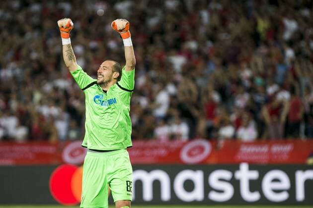 27th August 2019, Rajko Mitic Stadium, Belgrade, Serbia; UEFA Champions league football, qualifying, Red Star Belgrade versus Young Boys; Goalkeeper Milan Borjan of Red Star Belgrade celebrates the goal of Aleksa Vukanovic of Red Star Belgrade in the 59th minute for 1-0 - Editorial Use Only  ActionPlus12163663 NikolaxKristic