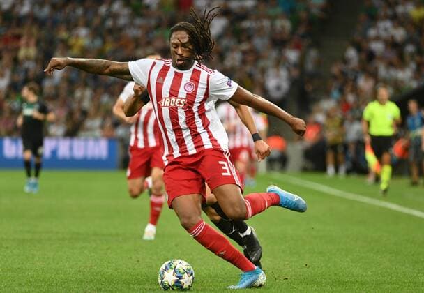 KRASNODAR, RUSSIA - AUGUST 27, 2019: Olympiacos FC s Ruben Semedo (front) in the sesond leg of the 2019-20 UEFA Champions League play-off football match between FC Krasnodar and Olympiacos FC at Krasnodar Stadium. Maxim Romanov TASS  TS0B8349