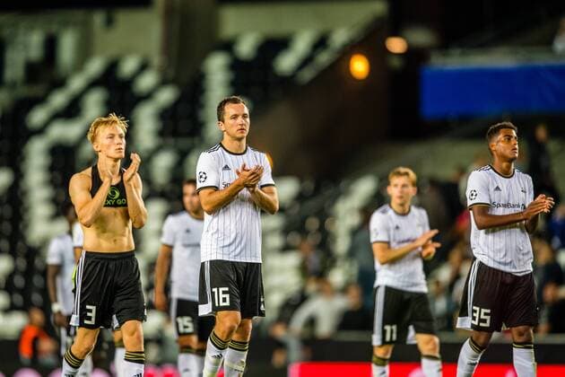 190828 Birger Solberg Meling and Even Hovland of Rosenborg looks dejected after the Champions League play-off match between Rosenborg and Dinamo Zagreb on August 28, 2019 in Trondheim. Photo: Marius Simensen BILDBYRAN Cop 238 bbeng champions league play-off dinamo zagreb football fotball fotboll rosenborg Copyright: MARIUSxSIMENSEN BB190828BB099