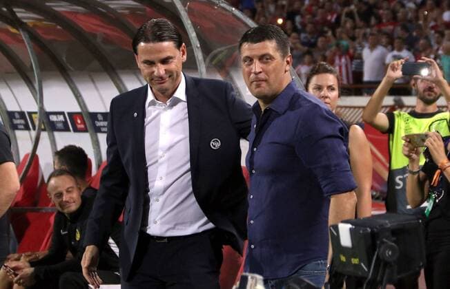 27.08.2019 Belgrade(Serbia) FK Crvena Zvezda(Red Star)-BSC Young Boys Champions League play off men s footbal Vladan Milojevic(R)FK Crvena Zvezda (Red Star) coach with Gerardo Seoane(L) Yang Boys coach :Str 