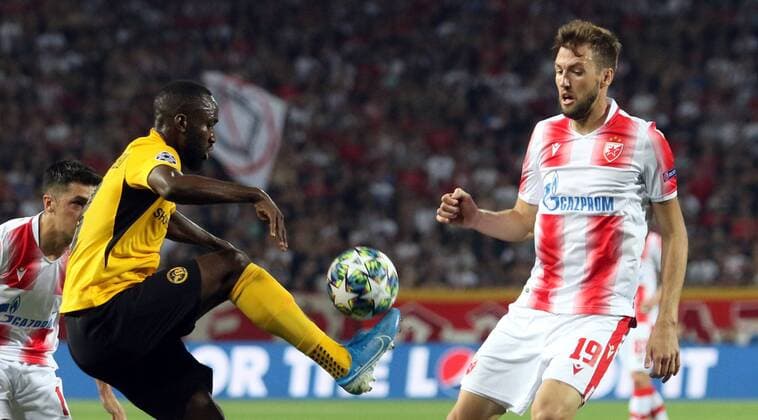 27.08.2019 Belgrade(Serbia) FK Crvena Zvezda(Red Star)-BSC Young Boys Champions League play off men s footbal Nemanja Milunovic(R) FK Crvena Zvezda (Red Star), Nicolas Moumi Ngamaleu(2L) Yang Boys :Str 