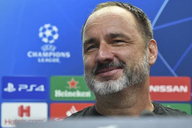 Head Coach Jindrich Trpisovsky (SK Slavia Prague) attends a press conference, PK, Pressekonferenz prior to the UEFA Champions League, 4th qualifying round return match: SK Slavia Prague vs CFR Cluj (Cluj-Napoca), on August 27, 2019, in Prague, Czech Republic. (CTKxPhoto MichalxKamaryt) CTKPhotoP201908270766101  kmt 1