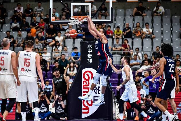 Rudy Gobert-Bourgarel of France, middle, dunks during the final of 2019 International Basketball Championship against Serbia in Shenyang city, northeast China s Liaoning province, 27 August 2019. Serbia defeated France with 61-56 at the final and wins the championship of 2019 Shenyang International Basketball Championship in Shenyang city, northeast China s Liaoning province, 27 August 2019.