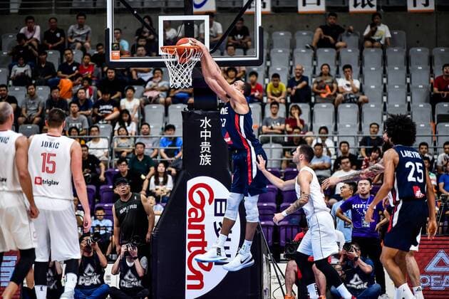 Rudy Gobert-Bourgarel of France, middle, dunks during the final of 2019 International Basketball Championship against Serbia in Shenyang city, northeast China s Liaoning province, 27 August 2019. Serbia defeated France with 61-56 at the final and wins the championship of 2019 Shenyang International Basketball Championship in Shenyang city, northeast China s Liaoning province, 27 August 2019.