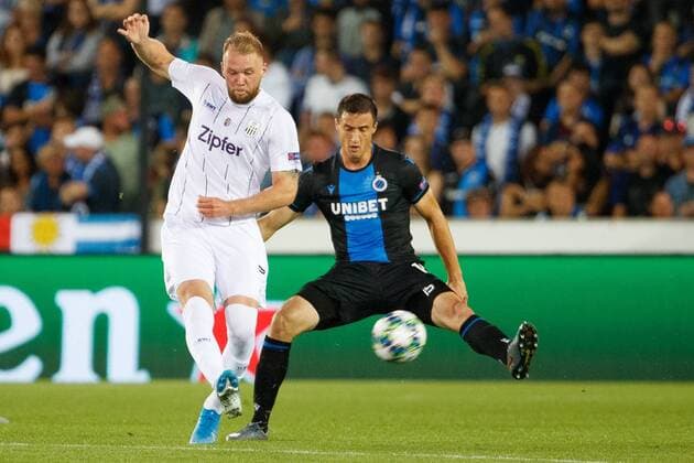 LASK s Thomas Goiginger and Club s Matej Mitrovic fight for the ball during a game between Belgian soccer team Club Brugge and Austrian club LASK Linz, Wednesday 28 August 2019 in Brugge, the return match in the play-offs of the UEFA Champions League, after a 0-1 victory of Club in the first leg. KURTxDESPLENTER  x05650828x