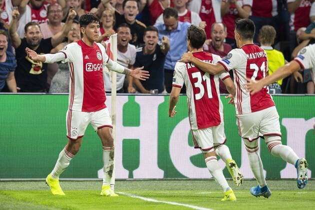 AMSTERDAM , 29-08-2019 , Johan Cruijff ArenA , Champions League playoff, season 2019-2020 , Ajax player Edson Alvarez celebrating the 1-0 during the match Ajax - APOEL Nicosia Ajax - APOEL Nicosia  x4211891x Copyright:
