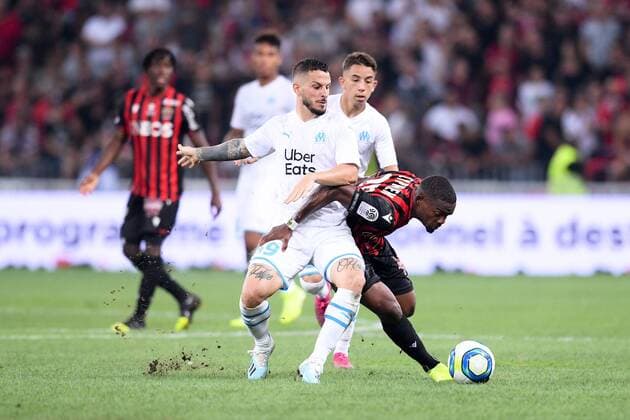 Fußball, OGC Nizza - Olympique Marseille 09 DARIO BENEDETTO (OM) - 25 WYLAN CYPRIEN (NICE) FOOTBALL : Nice vs Marseille - Ligue 1 Conforama - 28 08 2019 FEP Panoramic 