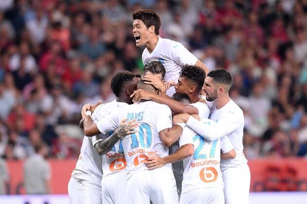 Fußball, OGC Nizza - Olympique Marseille JOIE - 02 HIROKI SAKAI (OM) - 03 ALVARO GONZALEZ (OM) FOOTBALL : Nice vs Marseille - Ligue 1 Conforama - 28 08 2019 FEP Panoramic 