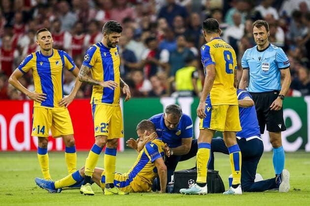 AMSTERDAM , 29-08-2019 , Johan Cruijff ArenA , Champions League playoff, season 2019-2020 , APOEL Nicosia player Roman Bezjak injury during the match Ajax - APOEL Nicosia Ajax - APOEL Nicosia  x4211931x Copyright: